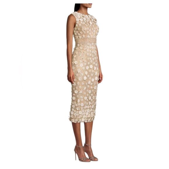 Mac Duggal Sheath Dress Floral Applique Beaded Lace Beige White Women's Size 14 - Picture 1 of 10